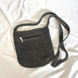 Long Dark Grey Crochet Weave Zip Purse Bag